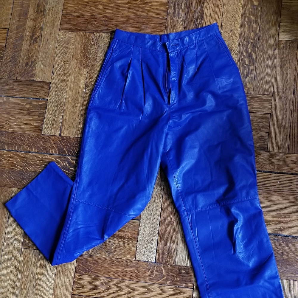 electric blue pleated leather pants